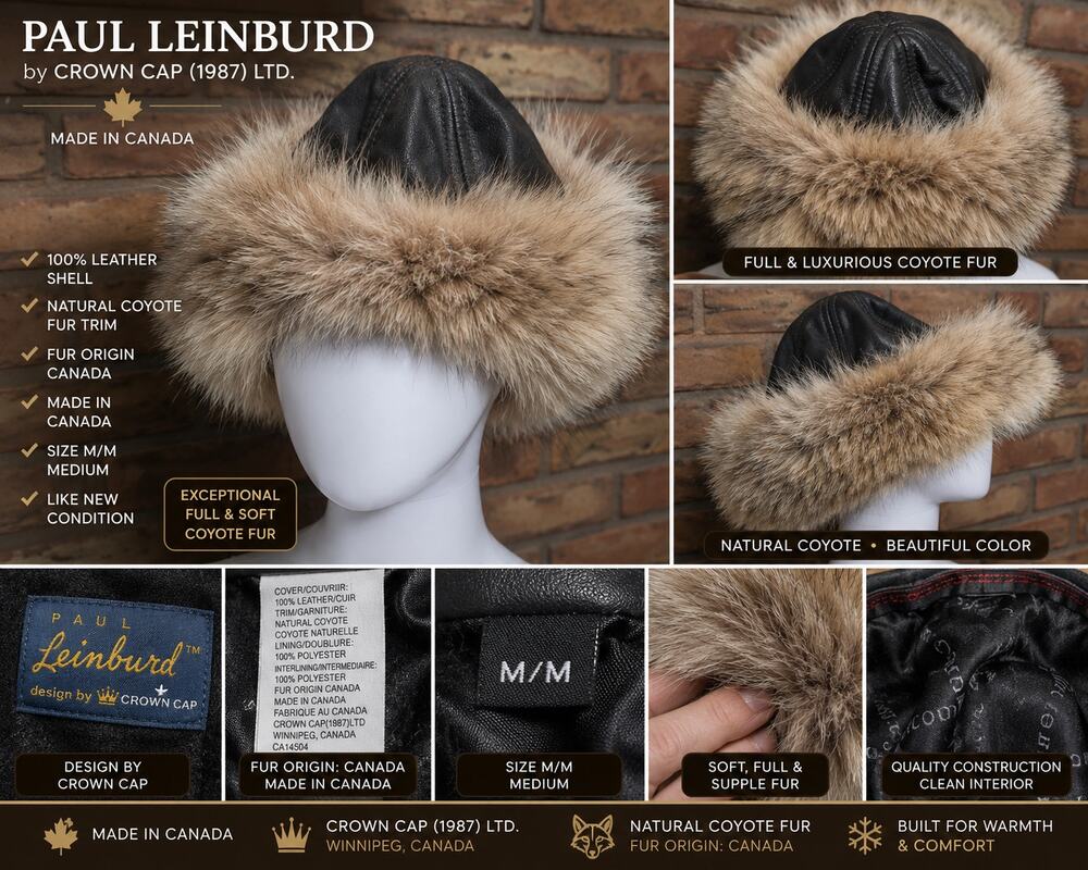 Paul Leinburd Crown Cap Natural Coyote Fur Leather Women's Winter Hat Medium